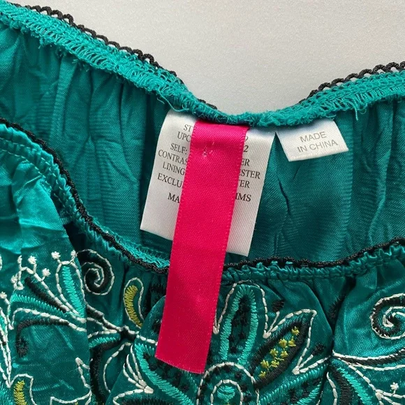 Boho Teal Embroidered Gemstone Waist Empire Top Small - Picture 3 of 6